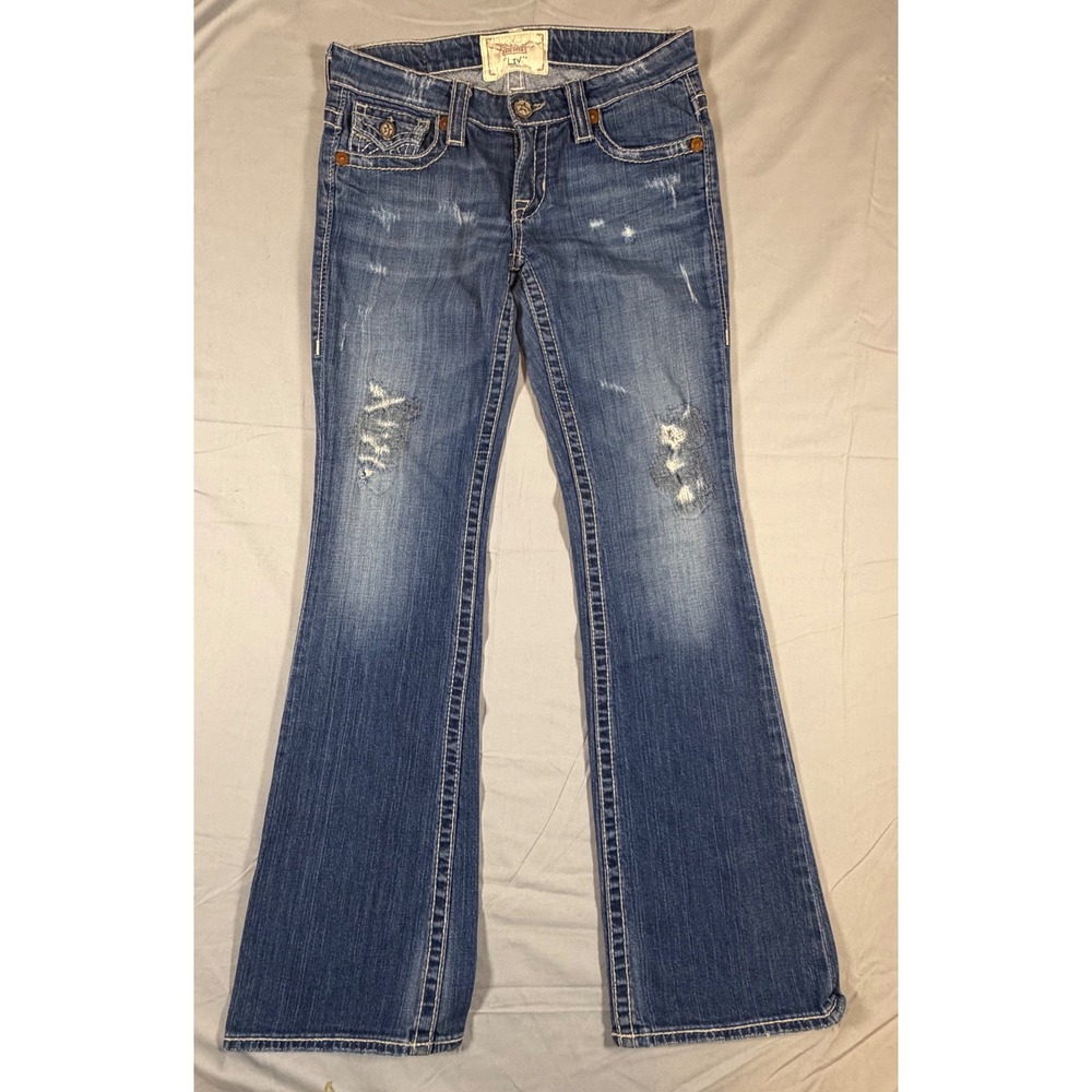Big Star Liv Bootcut Jeans Distressed Blue Denim Studded Flap Pocket 28R Womens